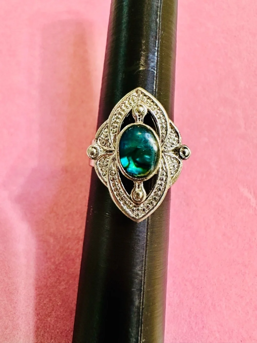 Silver Tone Green Stone Vintage Style Adjustable Ring